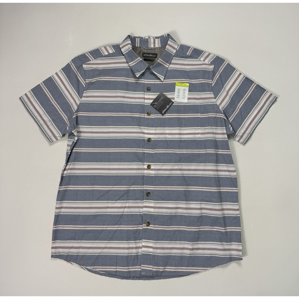 Eddie Bauer Men Large On The Go Shirt EM12SW231 Blue Striped Moisture Wicking NW